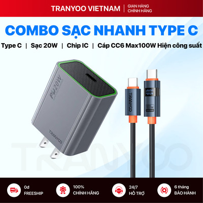 Combo Sạc Nhanh TRANYOO US7  CC-6 Cổng Type C Hỗ Trợ Sạc Nhanh PD 20W Hiển Thị Công Suất Sạc
