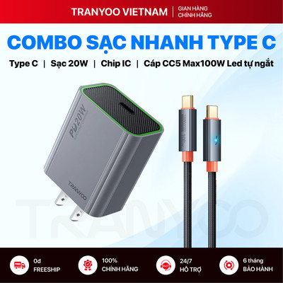 Combo Sạc Nhanh TRANYOO US7 CC-5 Cổng Type C Hỗ Trợ Sạc Nhanh PD 20W Sạc Nhanh Tự Ngắt An Toàn