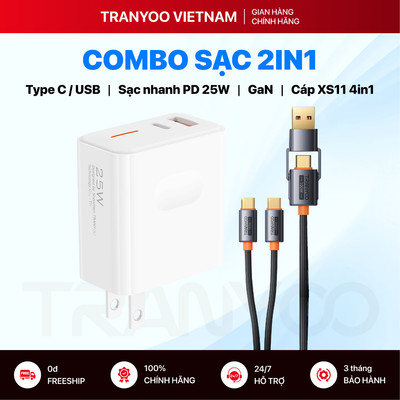 Combo Sạc Nhanh TRANYOO US6 XS11 Sạc Type C / USB Đa Năng Cùng Lúc 2 Thiết Bị Công Nghệ GaN Max 25W