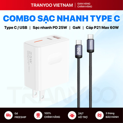 Combo Sạc Nhanh TRANYOO US6 P21 Giao Thức Sạc Type C Hỗ Trợ Sạc Nhanh Công Nghệ GaN PD Max 25W