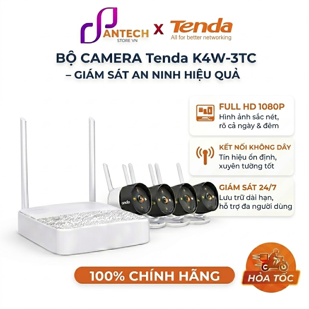 Bộ KIT Camera Không Dây Ban Đêm CÓ MÀU Rõ Nét, Hú Còi Báo Động Chống Trộm Mạnh Mẽ Tenda K4W-3TC - Bả