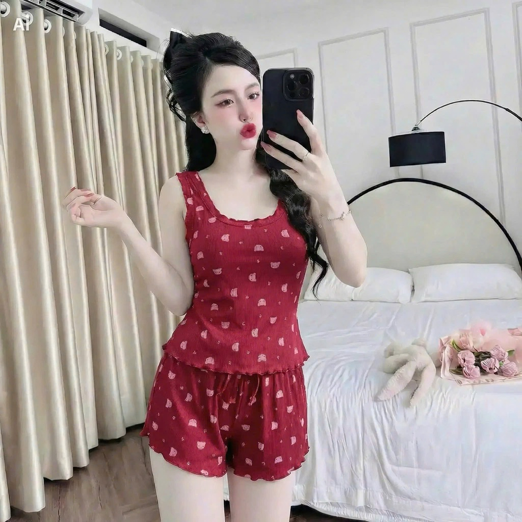 Đồ ngủ 2 dây thun tăm mặc nhà form rộng cực mát form dưới 56kg tuỳ dáng