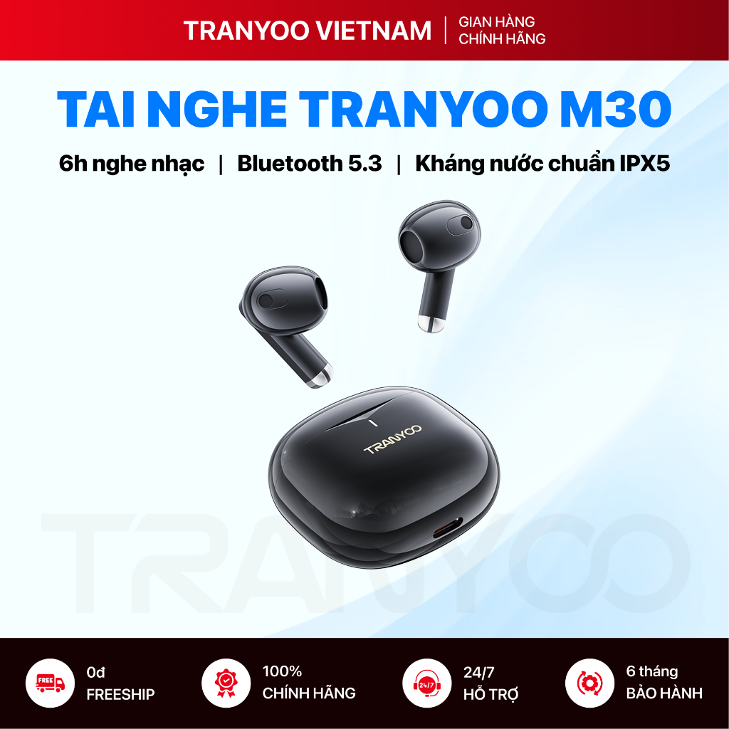 Tai Nghe Bluetooth TRANYOO T-M30 Thiết Kế Mini Chống Ồn Kháng Nước Chuẩn IPX5 Pin Trâu Thoải Mái