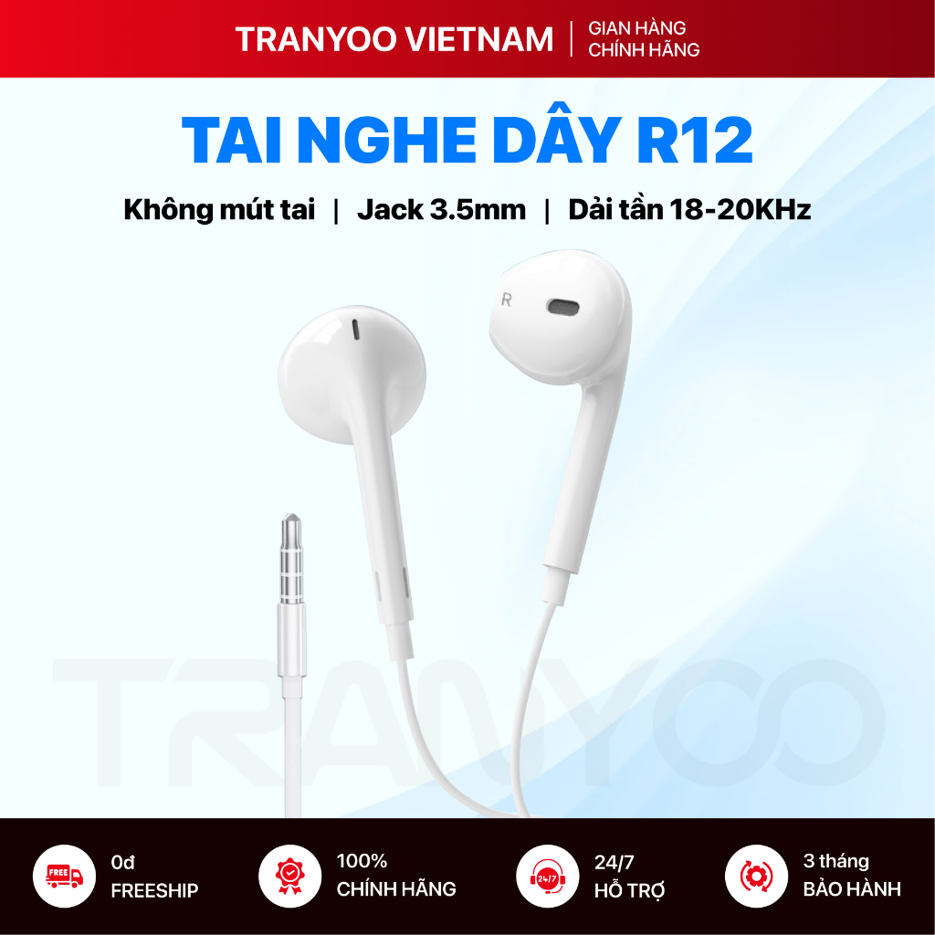 Tai Nghe Có Dây TRANYOO T-R12 Thiết Kế Nhét Tai Không Mút Silicon Jack 3.5mm Gaming, Học Online
