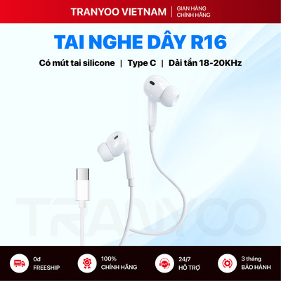 Tai Nghe Có Dây TRANYOO T-R16 Thiết Kế Nhét Tai Mút Silicon Type C Gaming, Học Online, Nghe Nhạc