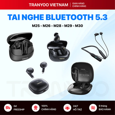 Tai Nghe Bluetooth 5.3 TRANYOO Thiết Kế Nhỏ Gọn Hiện Đại Chống Ồn 48dB Pin Trâu Đàm Thoại Tốt