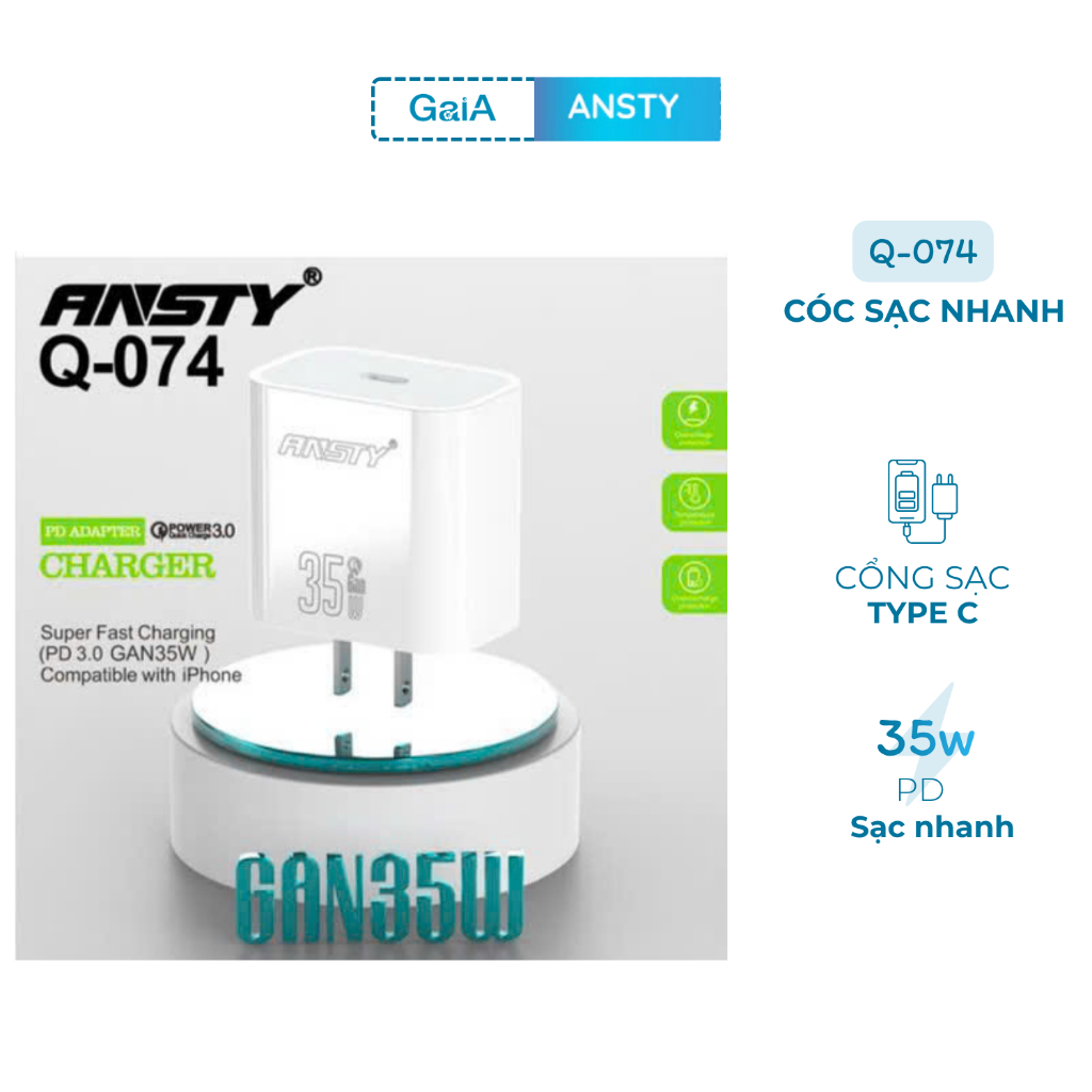 Q-074 Cóc sạc nhanh Ansty đầu sạc type C sạc nhanh tới 35w