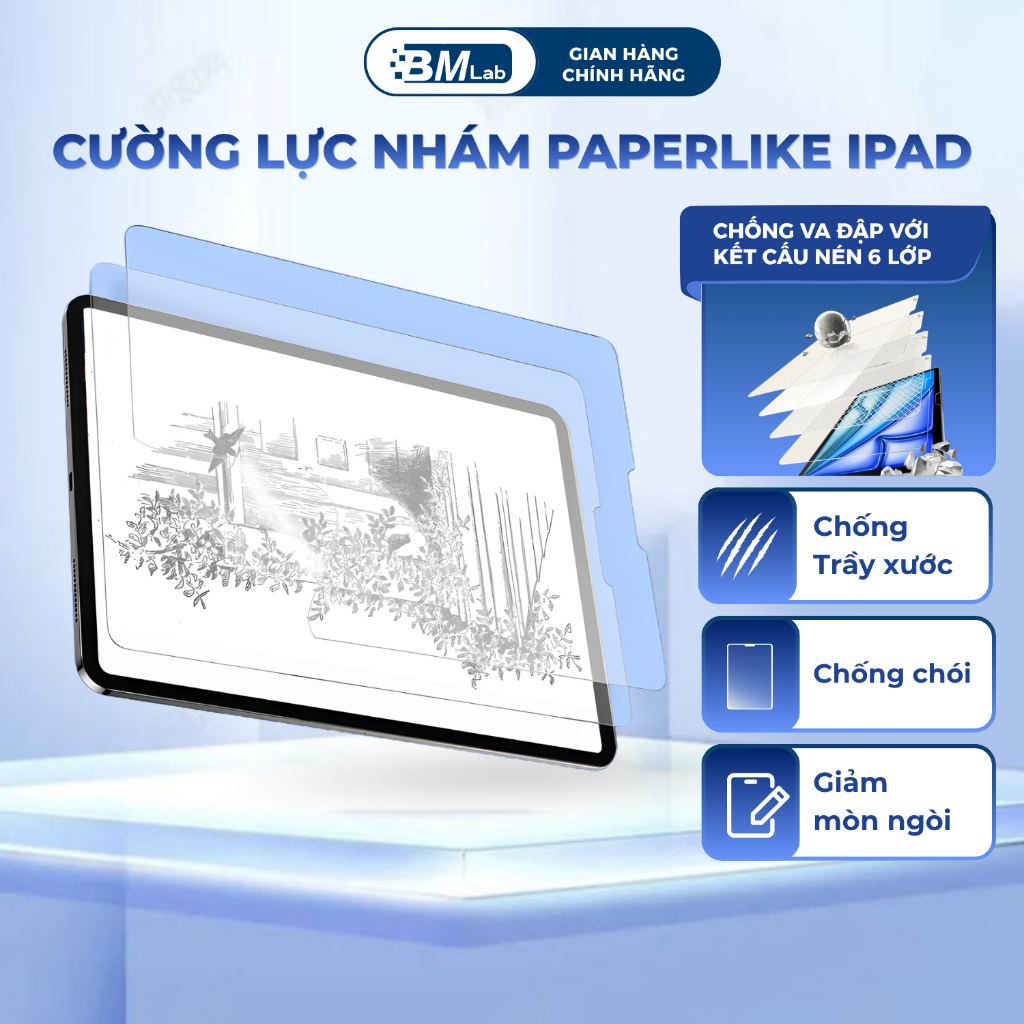 Kính Cường Lực Nhám Paperlike iPad BMLab | 2in1 Bảo Vệ Màn Hình & Viết Vẽ Như Trên Giấy - C04