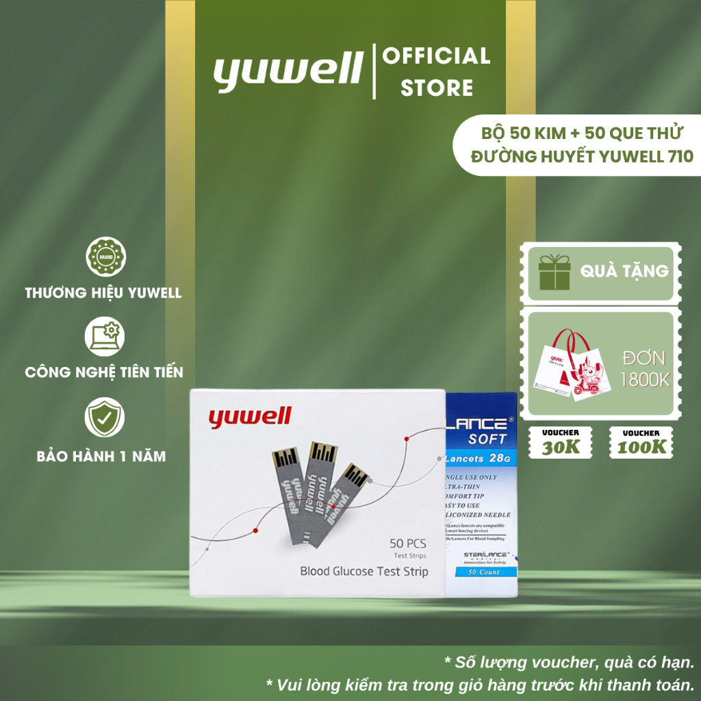 Bộ test 50 kim + 50 que thử đường huyết YUWELL dùng cho máy đo đường huyết Yuwell 710 582 590