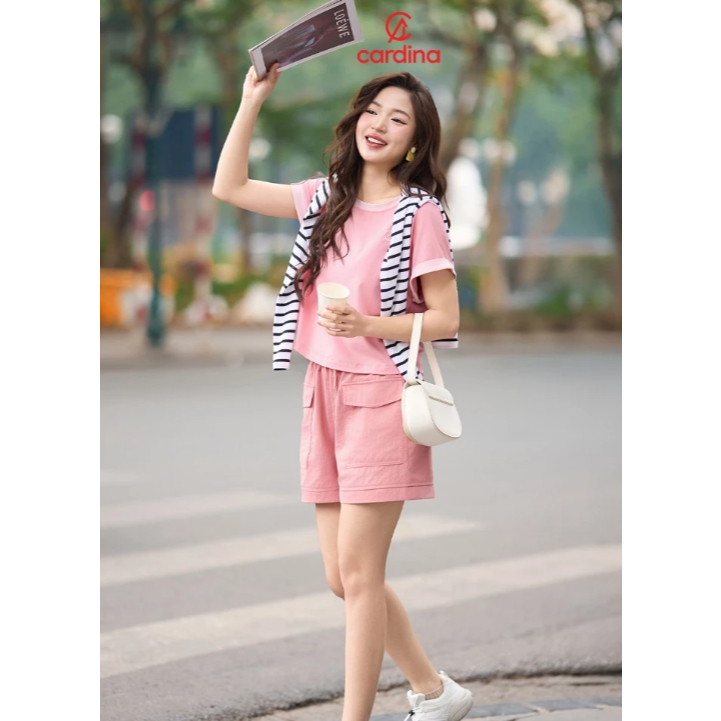 Áo phông nữ CARDINA chất liệu cotton thoáng mát cổ tròn tay liền có phối 5ATC17
