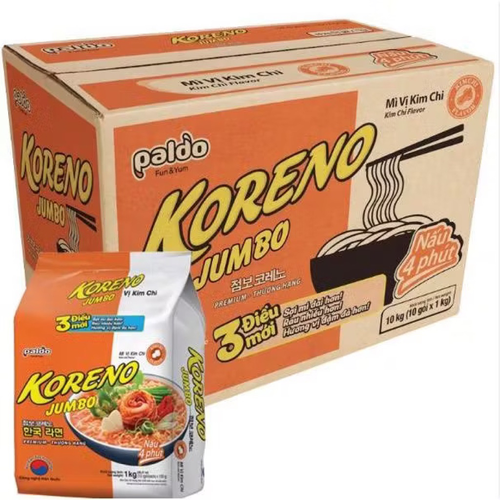 THÙNG 100 gói Mì KORENO JUMBO Mì Vị Kim Chi , BÒ CAY(10 Bịch 100 Gói)