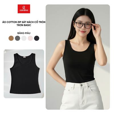 Áo thun nữ CARDINA cotton zip sát nách cổ tròn kiểu dáng basic 6ATS02