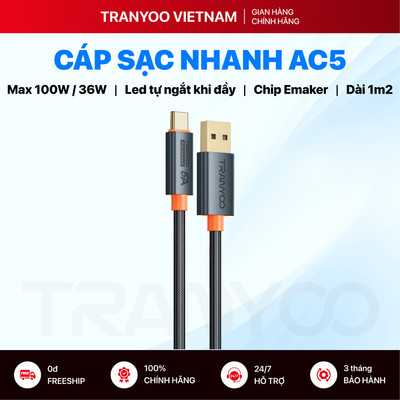 Cáp Sạc Nhanh TRANYOO AC-5 Hỗ Trợ Sạc Nhanh PD 100W 6A USB to Type C Có Led Tự Động Ngắt Khi Đầy