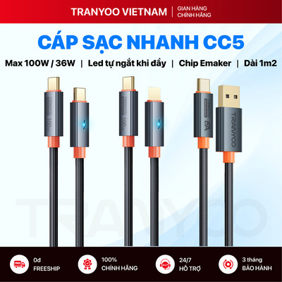 Cáp Sạc Nhanh TRANYOO CC-5 Hỗ Trợ Sạc Nhanh PD 100W Type C | L | USB Có Led Tự Động Ngắt Khi Đầy