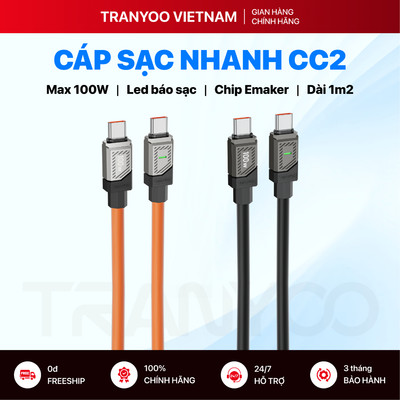 Cáp Sạc Nhanh TRANYOO CC-2 | CL-2 Sạc Nhanh Chuẩn PD 100W Silicone Siêu Dẻo Đầu Bọc Chống Gãy