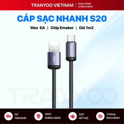 Cáp Sạc Nhanh TRANYOO S20 Type C | L | Micro Sạc Nhanh Siêu Tốc Chuẩn PD Max 6A Dây Bện Dù Chắc Chắn