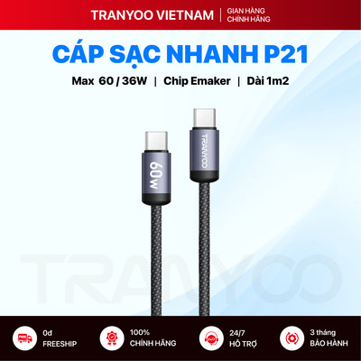 Cáp Sạc Nhanh TRANYOO P21 P22 Type C Sạc Nhanh PD 60W Dây Bện Dù Chắc Chắn Có Chip Ổn Định Dòng Điện