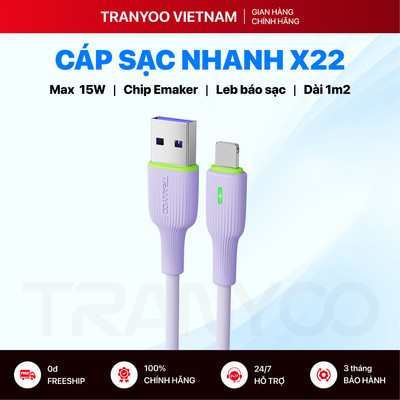 Cáp Sạc Nhanh TRANYOO T-X22 Hỗ Trợ Sạc Nhanh PD 15W Dài 1M Bọc Silicone Siêu Bền Có Đèn LED Hiệu