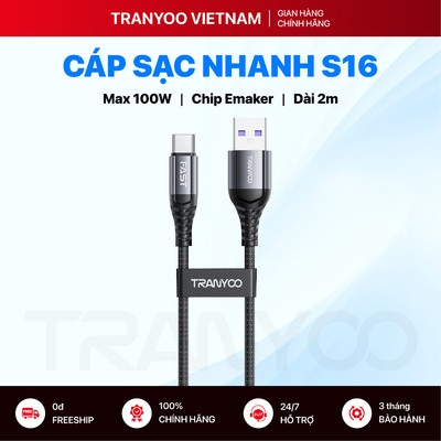 Cáp Sạc Nhanh TRANYOO S16 Dài 2m Trợ Sạc Nhanh PD 100W Sạc Nhanh Cho Điện Thoại Bọc Dù Bền Bỉ