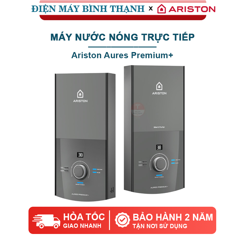 Máy nước nóng trực tiếp Ariston Aures Premium+ 4500W hiển thị nhiệt độ, loại có bơm và không bơm