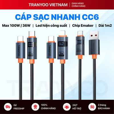 Cáp Sạc Nhanh TRANYOO CC-6 Type C-C Sạc Nhanh PD 100W Dài 1m2 Công Suất  Tối Đa 100W Bọc Dù Có Led