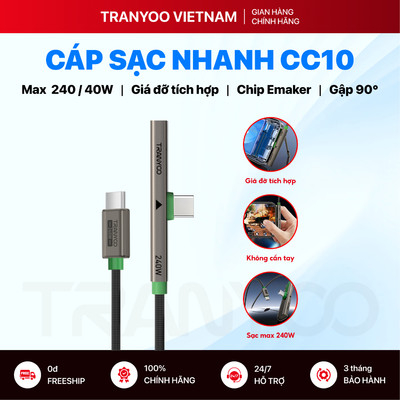 Cáp Sạc Nhanh TRANYOO CC-10 | CL-10 Sạc Nhanh 240W Thiết Kế Gaming Gập 90° Tích Hợp Giá Đỡ Tiện Lợi