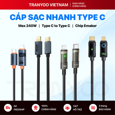 Cáp Sạc Nhanh TRANYOO Sạc Nhanh Chuẩn PD Max 240W, Truyền Dữ Liệu Ổn Định An Toàn với Chip E-Maker