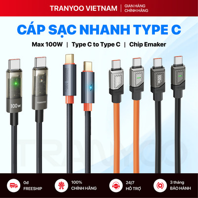 Cáp Sạc Nhanh 100W TRANYOO Hỗ Trợ Sạc Nhanh Chuẩn PD Đầu Ra Type C Truyền Dữ Liệu Có Led Báo Sạc