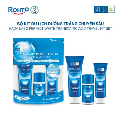 Bộ travel size dưỡng trắng Hada Labo Perfect White Tranexamic Acid Travel Set(Sữa rửa mặt 15g+Lotion 20ml+Kem dưỡng 12g)