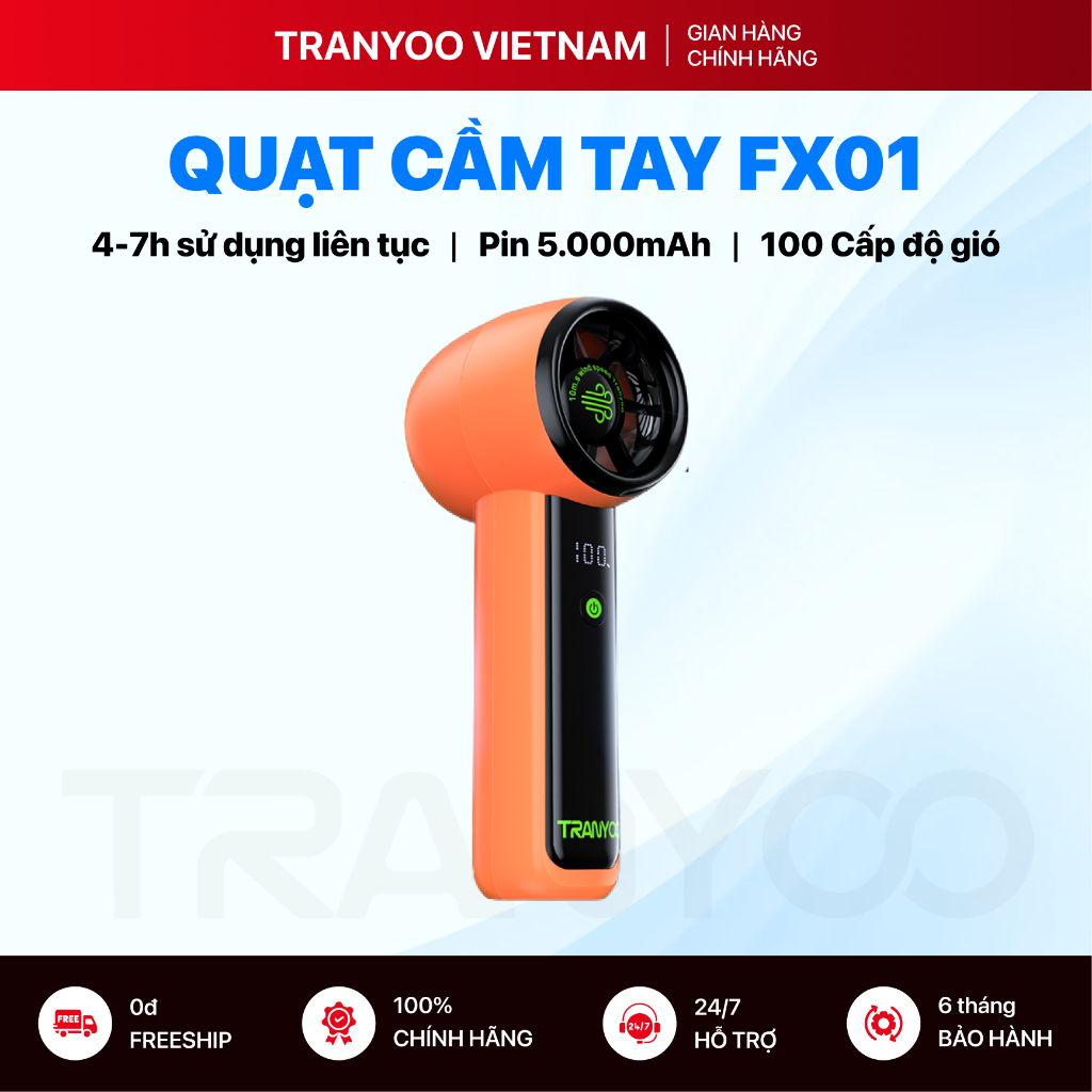 [DEAL MỞ BÁN] Quạt Cầm Tay TRANYOO T-FX01 Turbo Mini Pin 5000mAh 100 Tốc Độ Gió 7h Sử Dụng Liên Tục