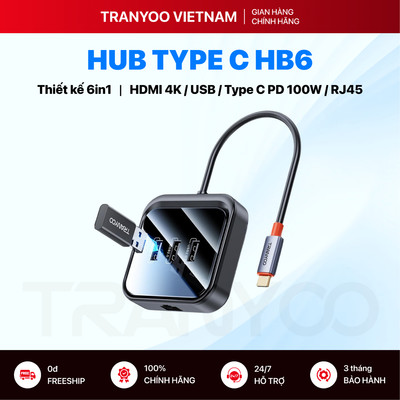 Hub Type C TRANYOO HB6 Thiết Kế 6in1 3 Cổng USB, HDMI, RJ45 Tích Hợp Sạc Nhanh Type C PD 100W