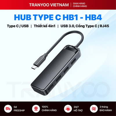 Hub Type C TRANYOO Cổng Mở Rộng Thiết Kế 4in1 Đầu USB 3.0, Cổng Type C Có Kết Hợp Cổng Mạng RJ145