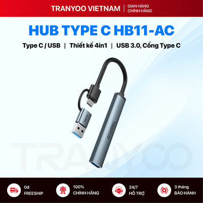 Hub Type C TRANYOO HB11-AC Thiết Kế 4in1 2 Đầu Cắm, 4 Cổng Ra Nhanh Chóng  Đa Dụng