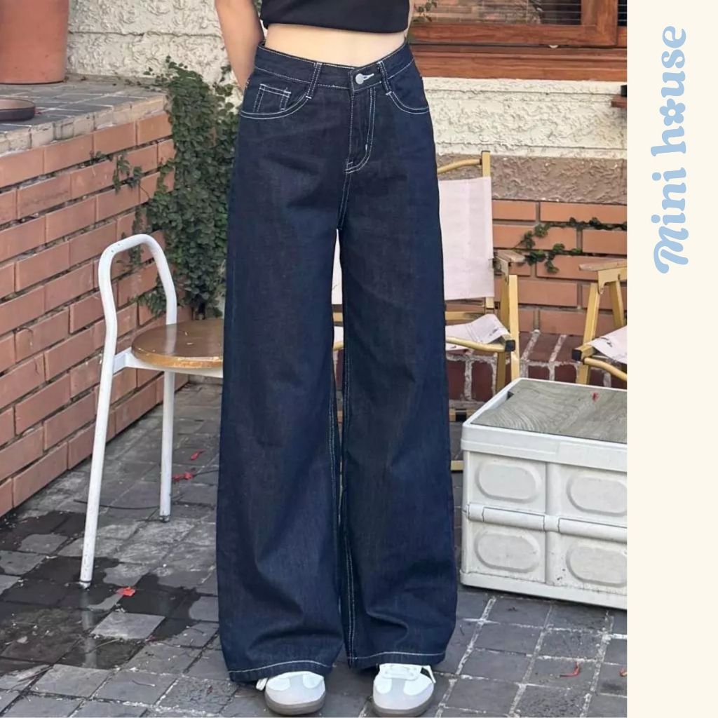 𝐌𝐢𝐧𝐢 𝐇𝐨𝐮𝐬𝐞c - Quần Ống Rộng Lưng Cao Xanh Chỉ Trắng MINI09 Jeans Premium | BigBuy360 - bigbuy360.vn
