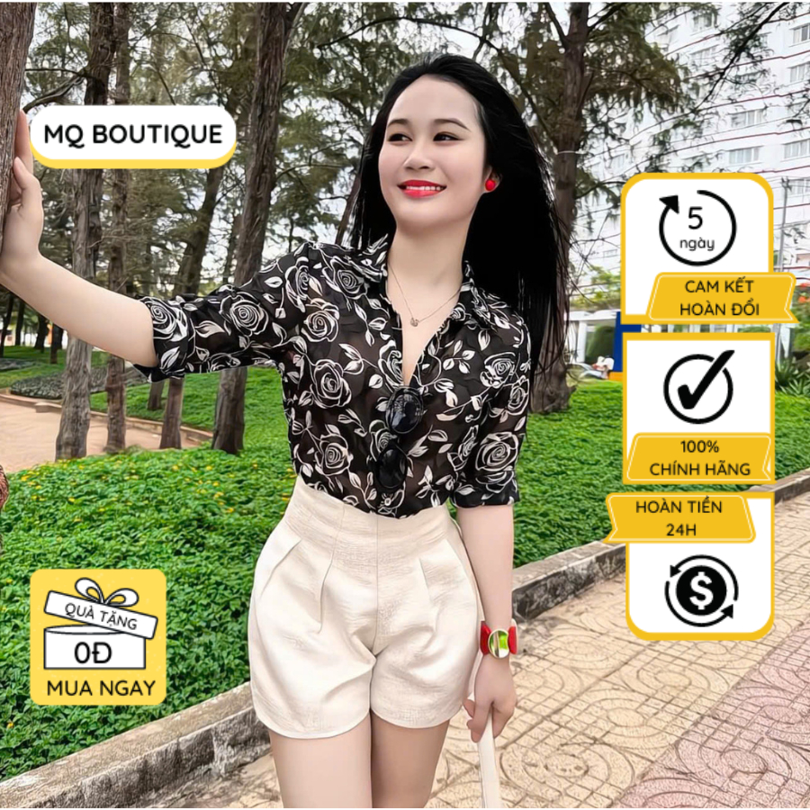 Áo Tơ sơ mi Hoa Hồng Trắng nữ MQ Boutique tay dài họa tiết  thiết kế sang trọng cao cấp, áo sơmi thi