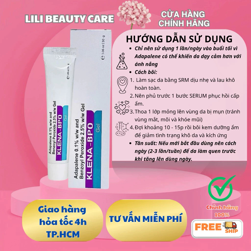 Gel giảm mụn Klena BPO Adapalene 0.1% kem chấm mụn ẩn Mụn trứng cá mờ thâm Giảm Mụn Nhanh Da Mịn