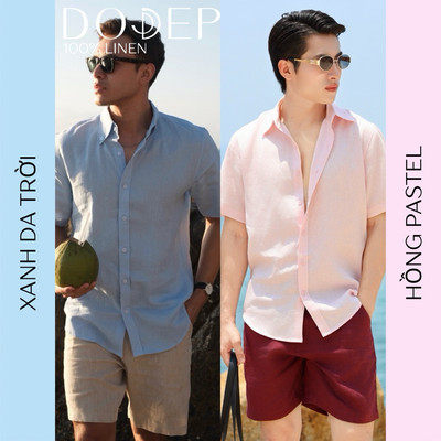DODEP Áo sơ mi nam linen 100% tay ngắn cổ button-down