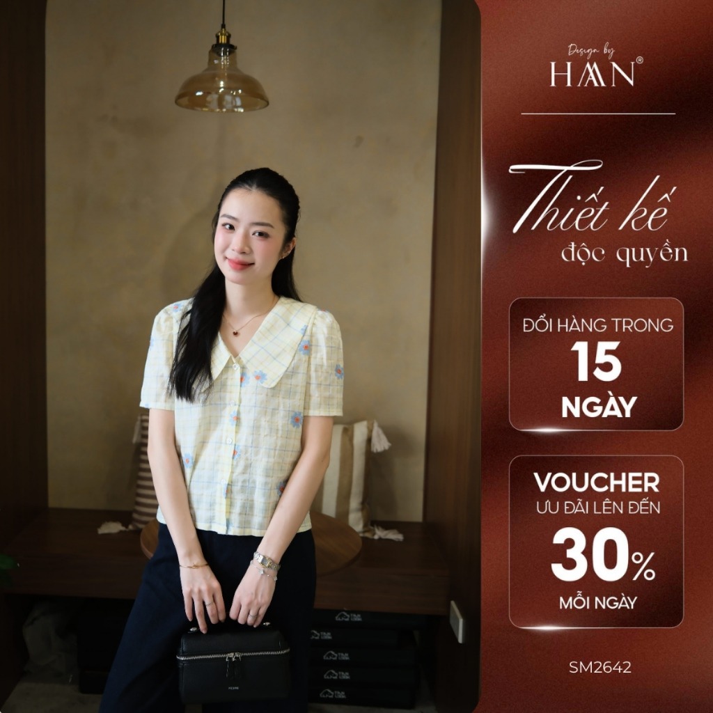 Áo Sơ Mi Nữ Kẻ Vàng Chanh Thêu Hoa Nổi, Chất Vải Mềm Mịn Thoáng Mát - HAAN Design SM2642