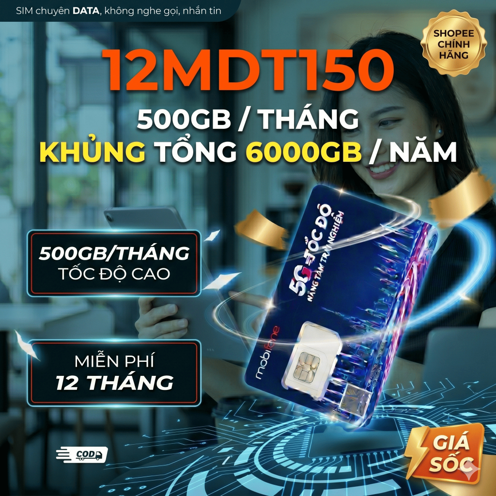 Sim 1 Năm Data Giá Rẻ 5G Vinaphone U1500 ESIM 12MDT150 MXH120 12FHN 12FHCM 12A69S MOBIFONE BIG50Y SI