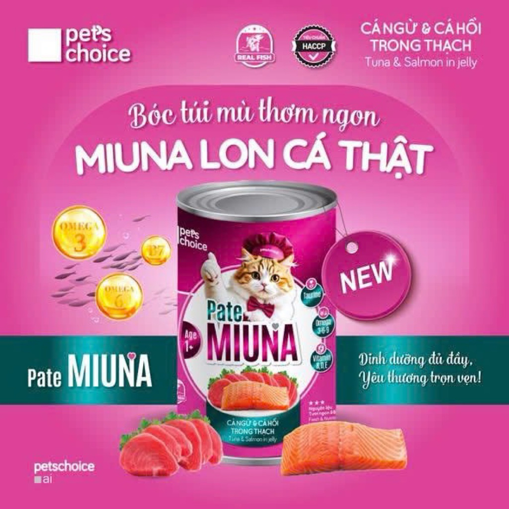 [Giảm 25%] Pate lon mèo trưởng thành MIUNA vị cá ngừ & bí đỏ lon,hương cá ngừ và cá hồi 400g Petscho