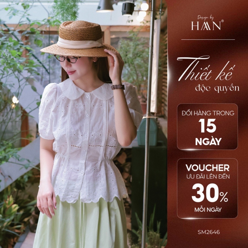 Áo Sơ Mi Nữ Ngắn Tay Màu Trắng Thêu Ren, Chất Vải Thô Boi Thoáng Mát - HAAN Design SM2646
