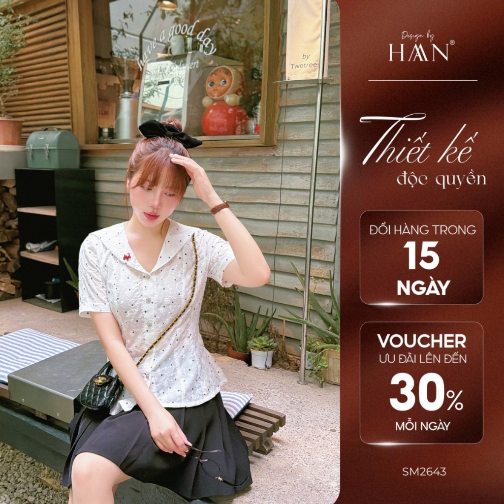 Áo Sơ Mi Nữ Ngắn Tay Màu Trắng Chấm Bi, Chất Vải Boi Thêu Hoa Nổi - HAAN Design SM2643
