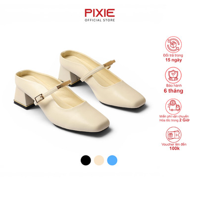 Giày Sục Nữ Mũi Vuông 4cm Quai Ngang Đính Khoá Pixie H449