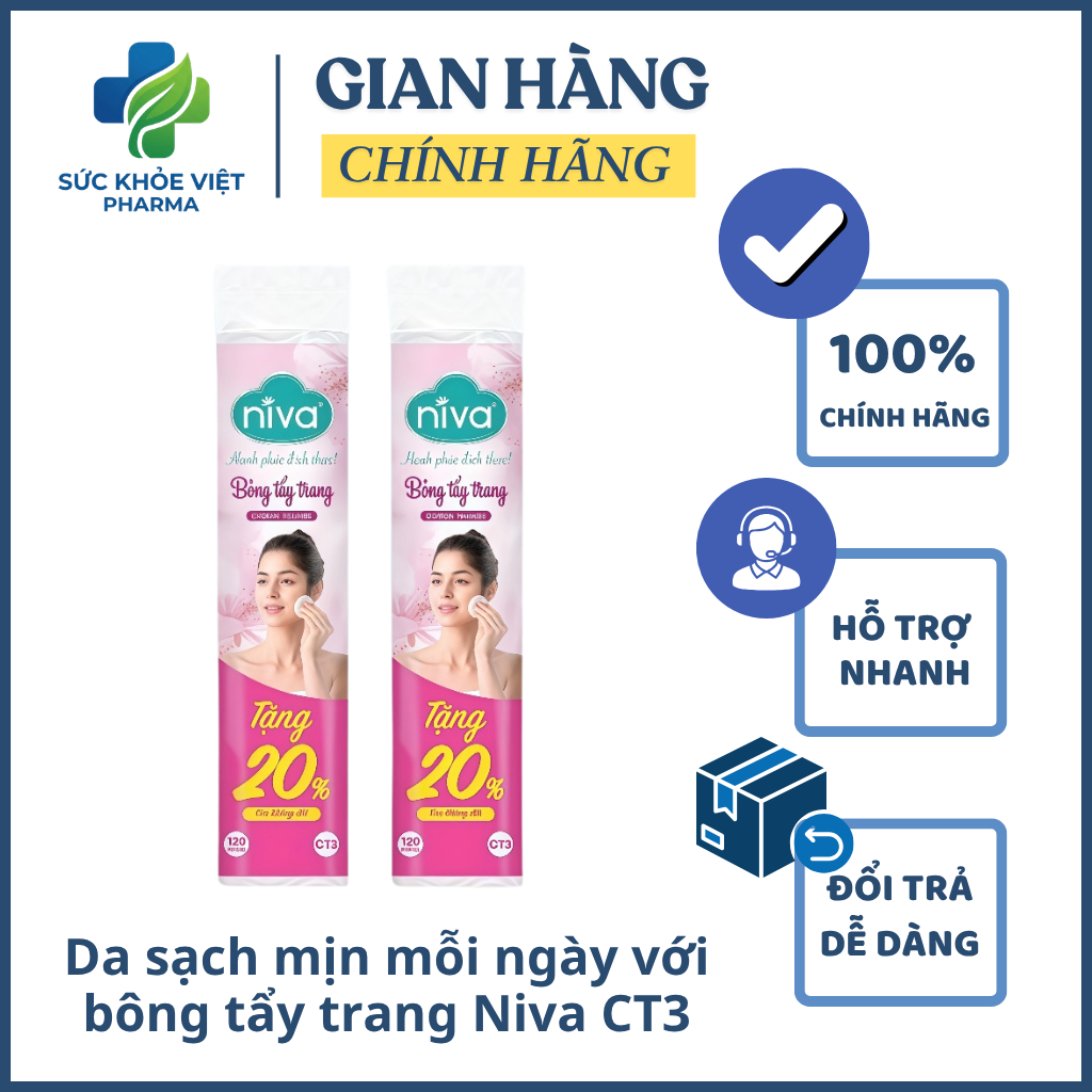 Bông tẩy trang tròn túi 120 miếng CT3 Niva 100% cotton – THIẾT KẾ 3 LỚP 2 MẶT TẠO HIỆU ỨNG KÉP