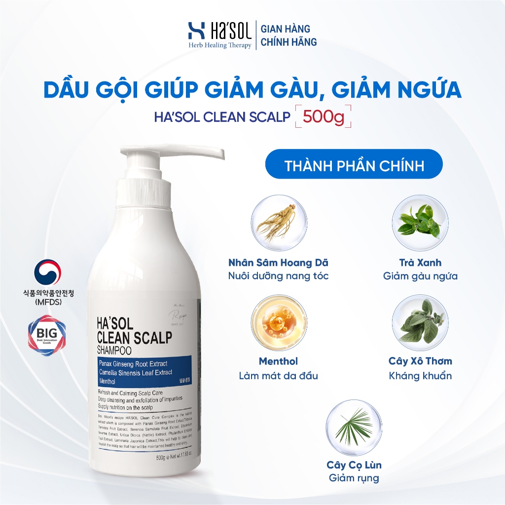 Dầu Gội HASOL Hỗ Trợ Giảm Gàu Nấm Ngứa, Phù Hợp Cho Da Đầu Nhiều Dầu, Tóc Mỏng Và Yếu HA'SOL Clean Scalp Shampoo 500g | BigBuy360 - bigbuy360.vn
