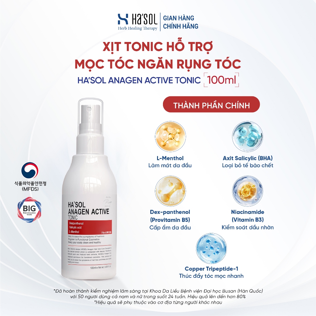 Xịt Tonic Hasol - Dưỡng Nang, Hỗ Trợ Mọc Tóc, Ngăn Rụng Tóc Dành Cho Tóc Rụng Mỏng Yếu Ha'sol Anagen