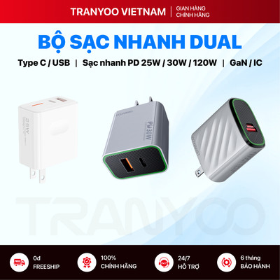 Bộ Sạc Nhanh 2 Cổng TRANYOO Công Nghệ GaN IC Type C USB Sạc Nhanh Chuẩn PD 18W 25W 30W 120W