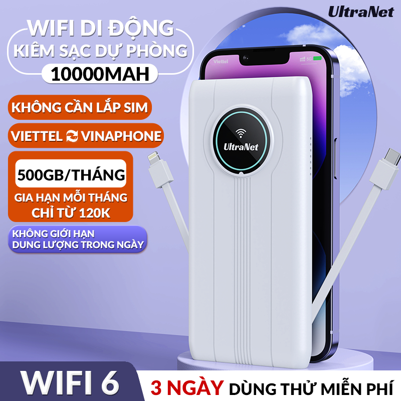 Bộ Phát Wifi Di Động Kiêm Sạc Dự Phòng UltraNet JS018 Mạng Mạnh, Pin Trâu, WiFi 6, Bảo Hành 1 Năm