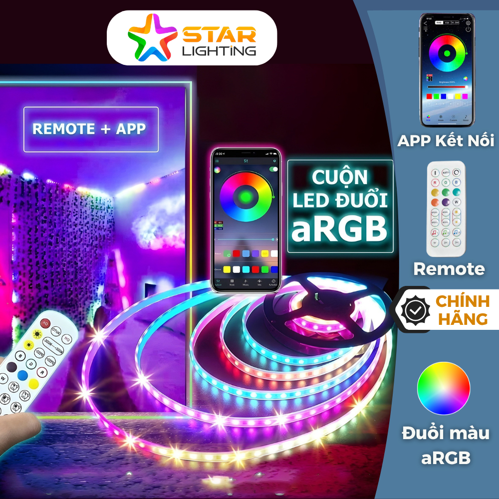 Dây đèn LED dán đuổi aRGB 5m-20m,16 triệu màu, cảm biến âm thanh, điều khiển bằng app điện thoại