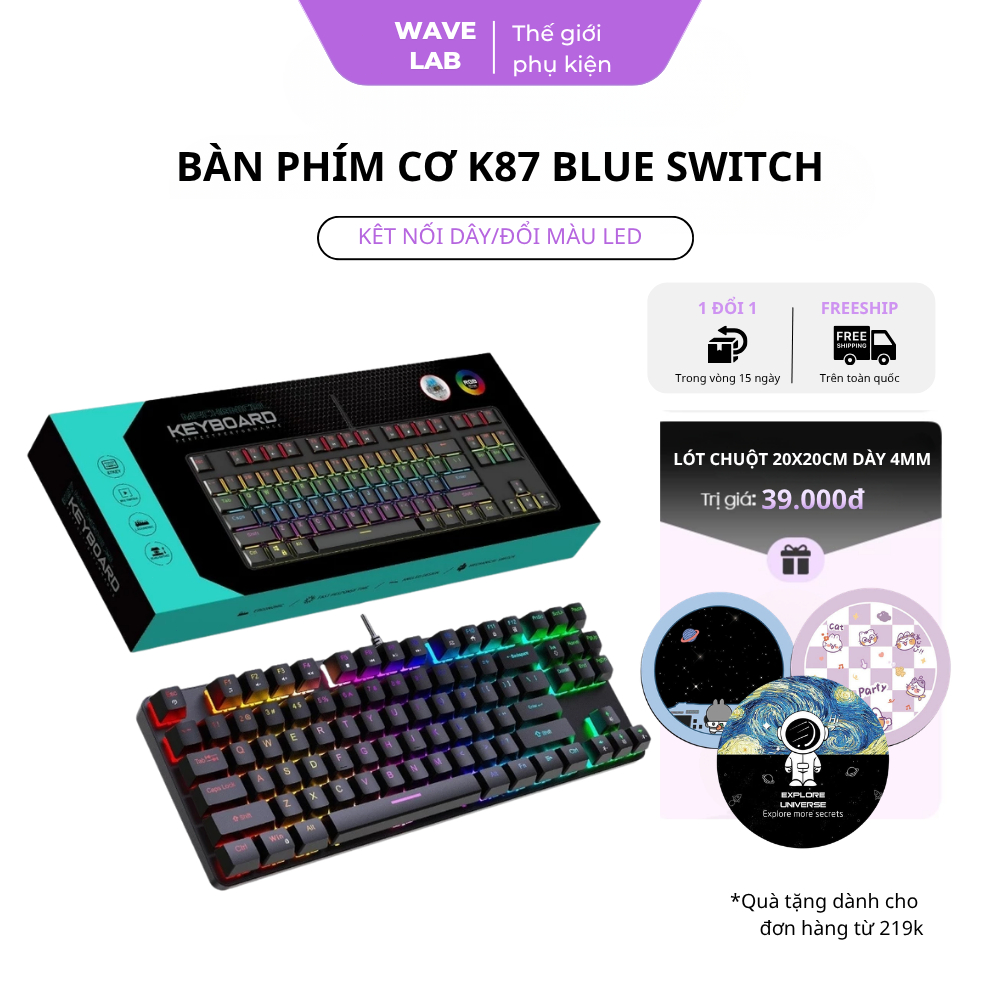 Bàn Phím Cơ K87 Pro, Blue Switch, Đèn RGB 16 Mode, Keycap ABS Xuyên LED, Chống Nước